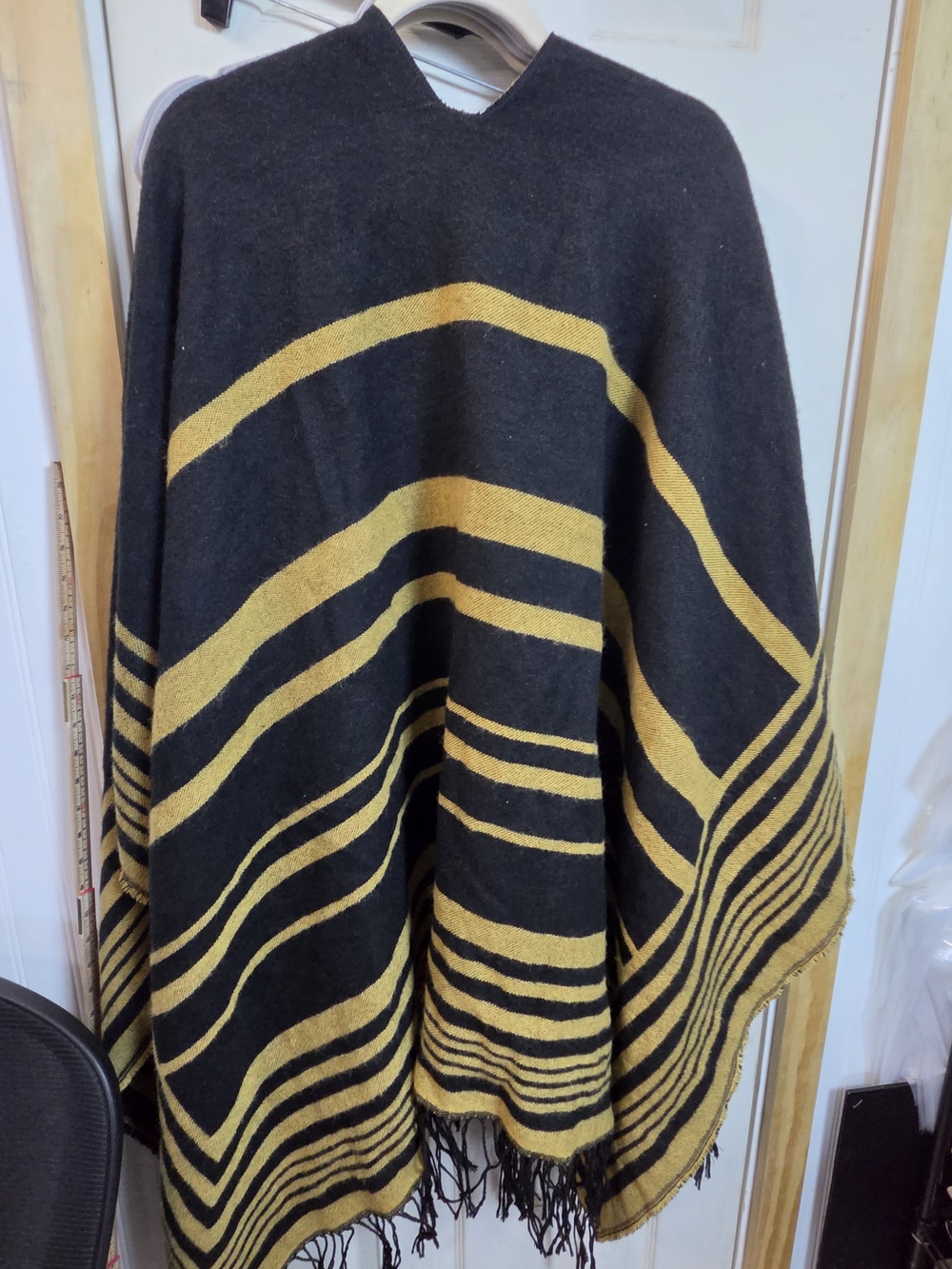 Poncho Sweater Cape Blanket Wrap Reversible Women’s Black and Mustard Stripe